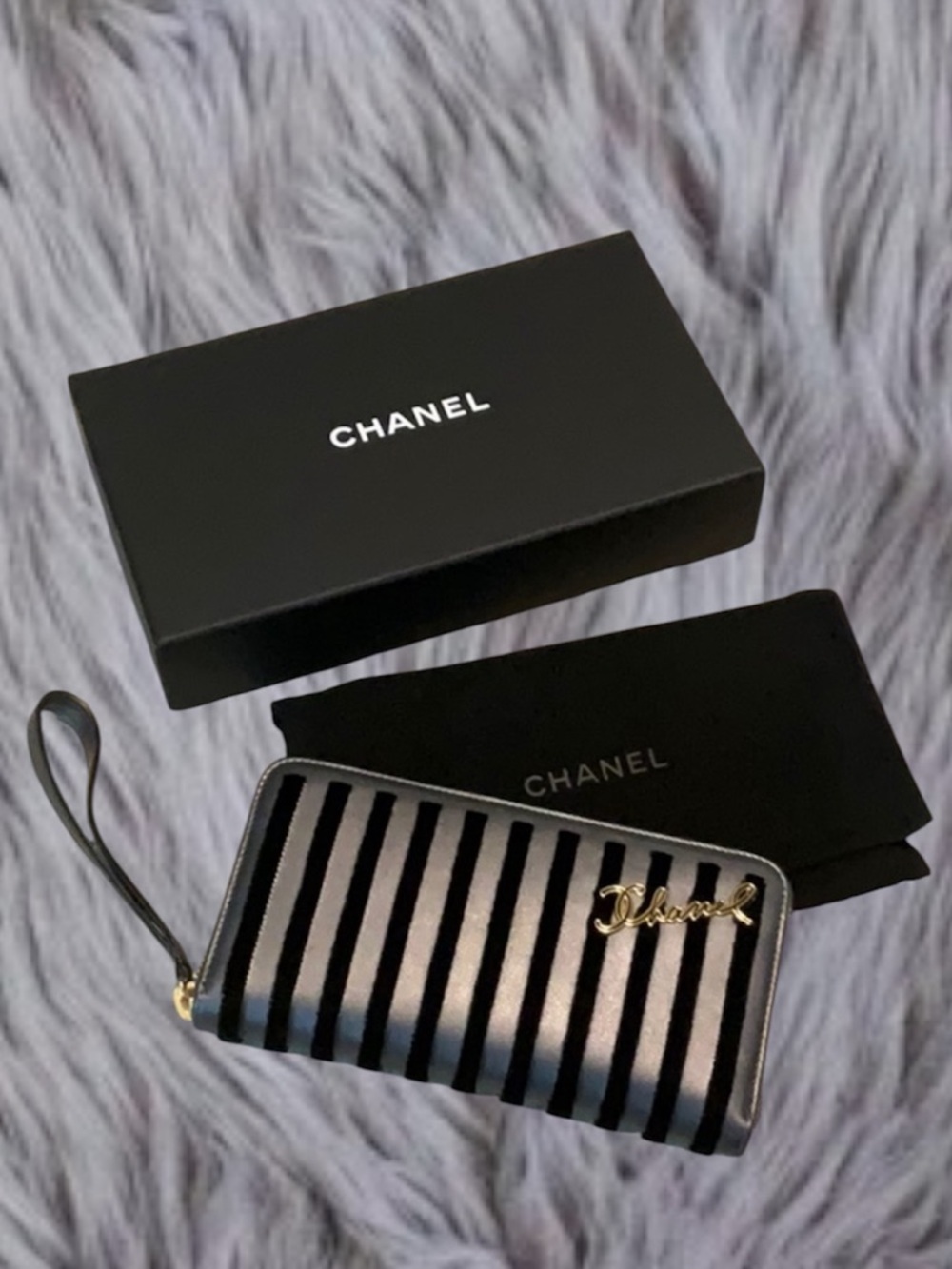 NEW! CHANEL Black and Gold Striped Wristlet